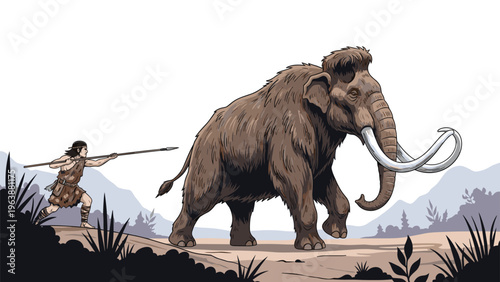 Caveman hunting a large woolly mammoth with a primitive spear in a prehistoric landscape during the ice age period.