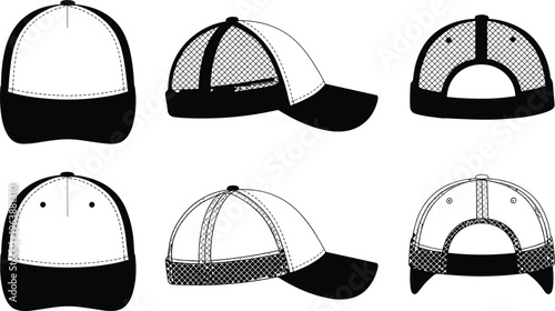 Baseball cap vector illustration set with multiple views, front side back, black and white, mesh trucker hat design template mockup