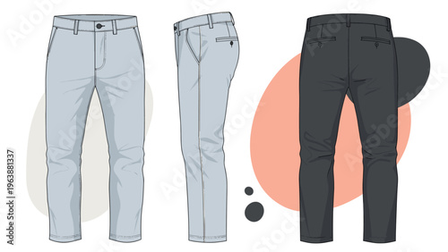 Technical fashion illustration of mens trousers shown from the front side and back views for design and production.