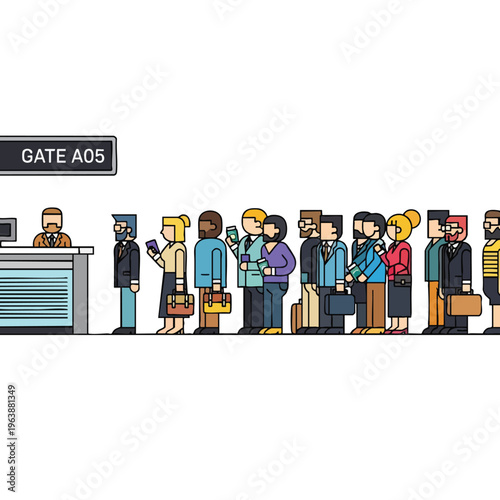 Diverse people in a queue at gate A05 with an attendant at the counter
