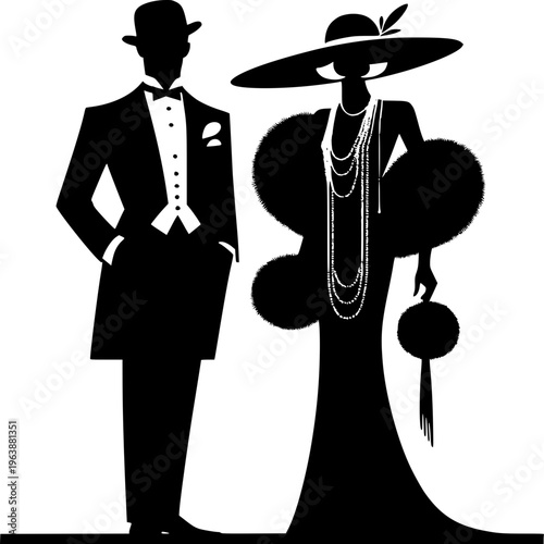 Black silhouette vector illustration of a business couple design featuring a man with a hat and a woman standing in dancing style