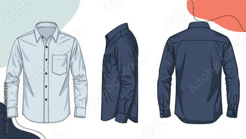 Formal button down long sleeve shirt technical fashion sketches including front profile and back views for designers.