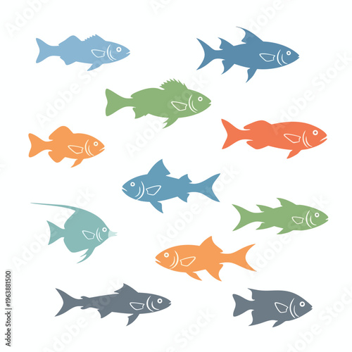 Silhouettes of various fish in muted pastel colors swim across a white background