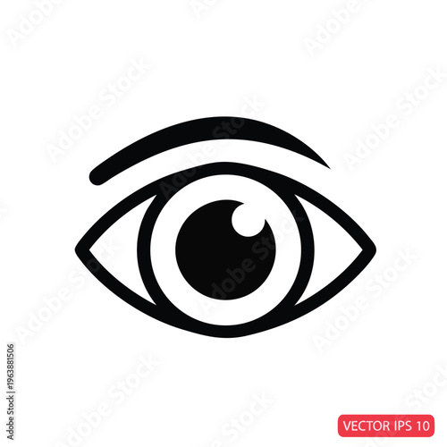 Black eye icon with white iris and pupil on white background