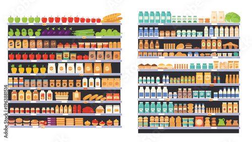 Colorful illustration of organized supermarket shelves filled with various groceries food products and drinks.