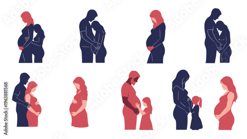 Collection of silhouettes showing pregnant women and supportive partners celebrating motherhood and family growth.