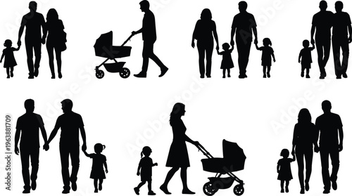 family silhouettes parents with children walking stroller parenting lifestyle people set isolated vector illustration collection design pack
