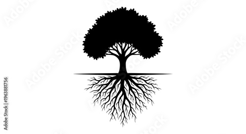A black silhouette of a tree with visible roots against a white background.