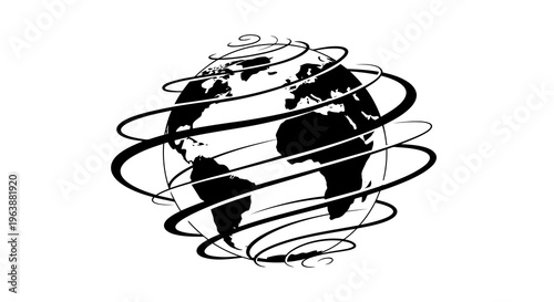 A black and white illustration of the earth surrounded by swirling lines.