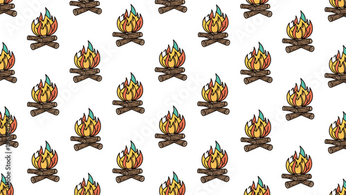 Repeating pattern of colorful campfires on a white background suitable for camping gear and textile prints.