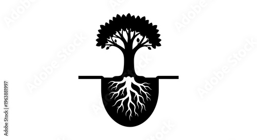 A black silhouette of a tree with visible roots growing underground.