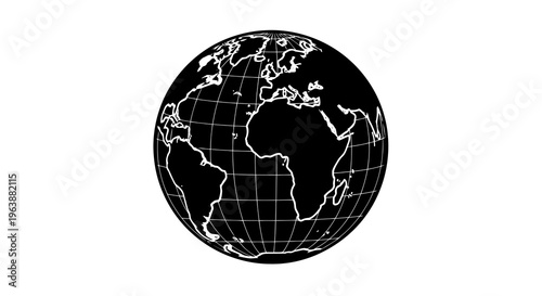 A black and white illustration of the earth centered on africa.
