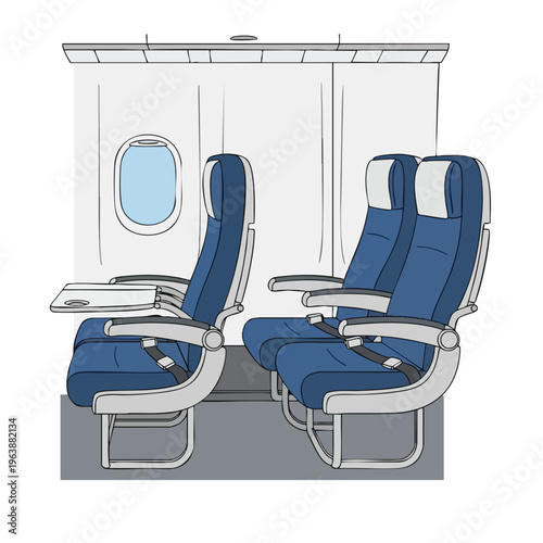 Airplane interior with blue seats, window, and folded tray tables