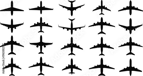 Collection of various airplane silhouettes from different angles and perspectives