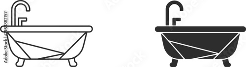 Bathtub with faucet icon set, bathroom bath tub outline and solid style hygiene interior vector illustration isolated