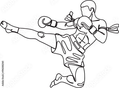 Dynamic Muay Thai fighter performing a high kick in a minimalist black and white line art hand-drawn vector illustration