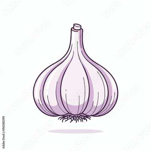 A stylized illustration of a single bulb of garlic, with roots at the bottom and a stem