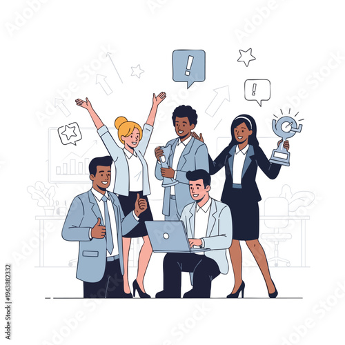 A diverse team celebrates success with a laptop, trophy, and enthusiastic gestures