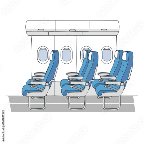 Rows of blue airplane seats with windows and overhead bins