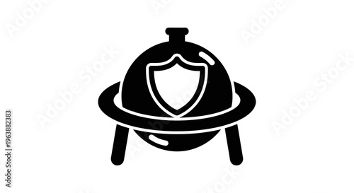 A simple black and white illustration of a serving dish with a shield on it.