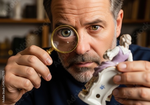 Man Carefully Examines An Antique Figurine With A Handheld Magnifying Glass