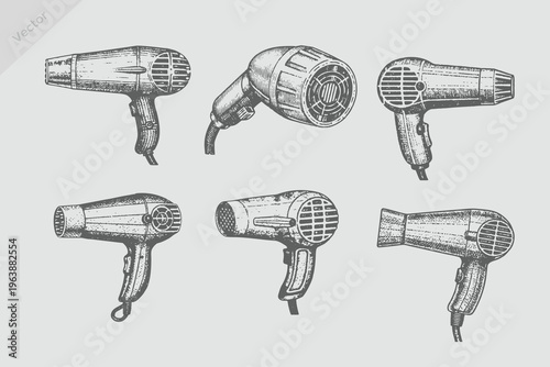 Vintage hair dryer engraved hand drawn in sketch or wood cut style hair dryer isolated vector realistic illustration