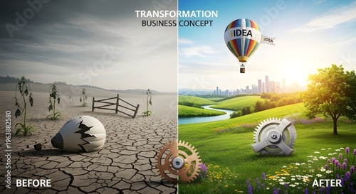 A visual comparison showing a desolate before state and a vibrant after state for business success
