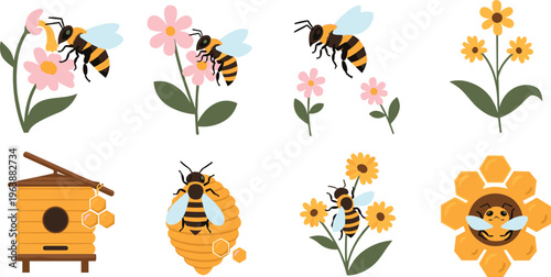 Bee and Beehive Set Featuring Pollination Honeycomb Flowers and Nature Elements Flat Vector Illustration Isolated on White Background