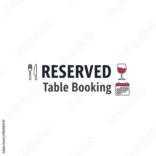 Stylized graphic with cutlery, "RESERVED Table Booking" text, wine glass, and calendar