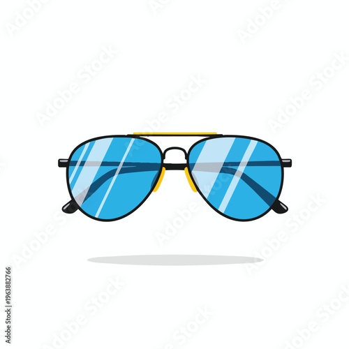 Aviator-style sunglasses with blue mirrored lenses and a gold bar