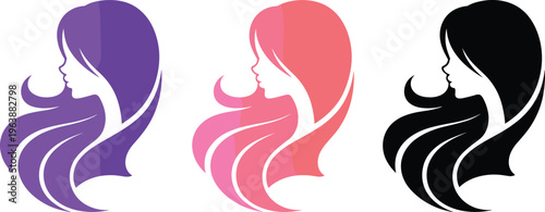 Beautiful woman long hair silhouette set, beauty salon logo vector, female profile head icons, fashion spa hair care branding graphics