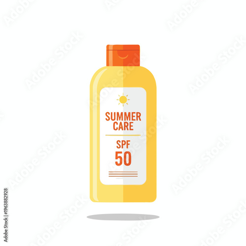 Yellow sunscreen bottle with orange cap and SPF 50 label, sun icon