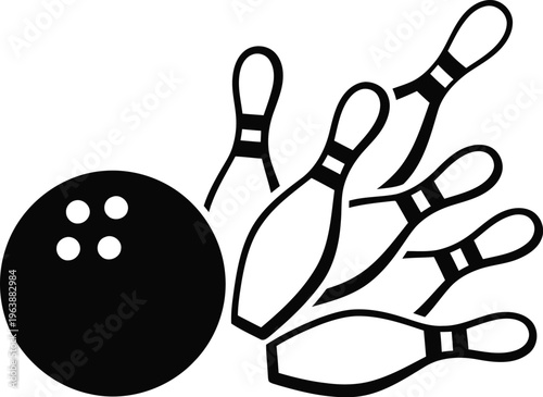 Black bowling ball hitting and knocking over several pins in a classic bowling strike.