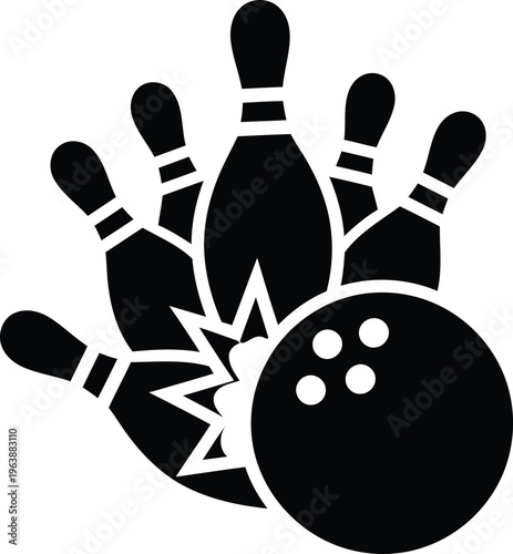 Black and white silhouette icon of a bowling ball hitting a group of pins causing a strike.