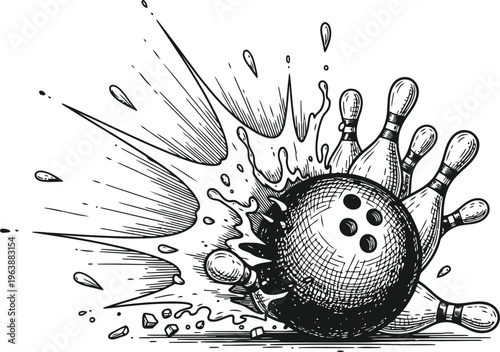 Vintage hand drawn style illustration of a bowling ball hitting pins for a strike