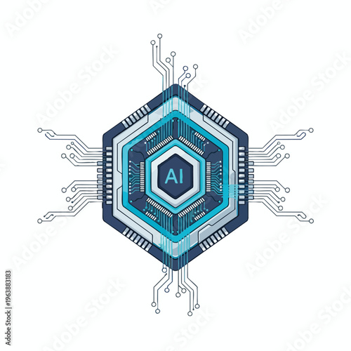Hexagonal AI chip with circuit lines, representing advanced technology and computation