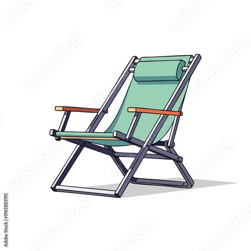 A minimalist illustration of a foldable sling chair with green fabric and wooden armrest accents