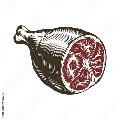 Big meat cut ham woodcut style drawing for butcher shop