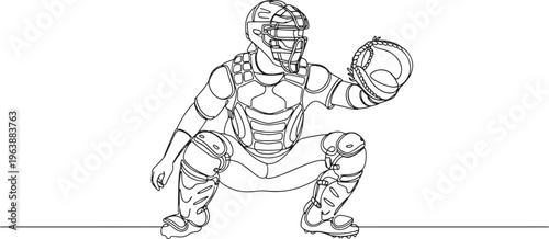 Professional baseball catcher in protective gear squatting with glove in a continuous line style hand-drawn vector illustration