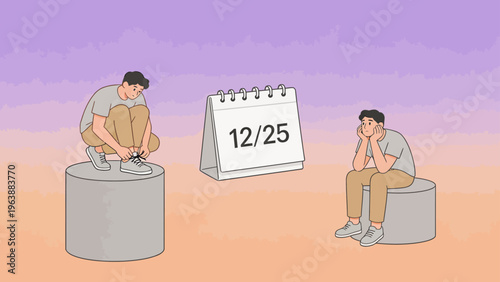 Two men one tying shoes other sad