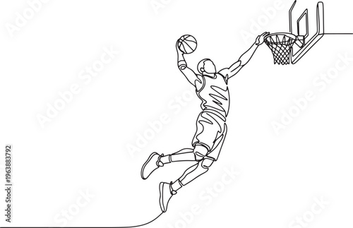 Continuous line drawing of a basketball player jumping for a slam dunk at the hoop hand drawn vector illustration