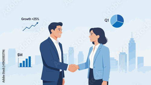 Business handshake with growth charts