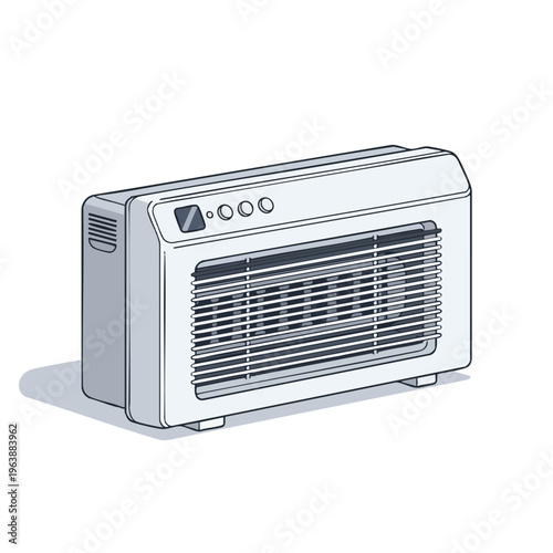 Rectangular white appliance with a grey grille and control panel on top