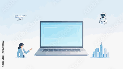Woman with laptop drone and robot