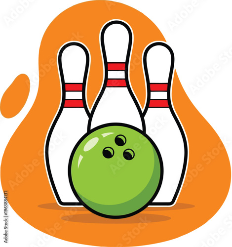 A green bowling ball and three white pins with red stripes on an orange background illustration.