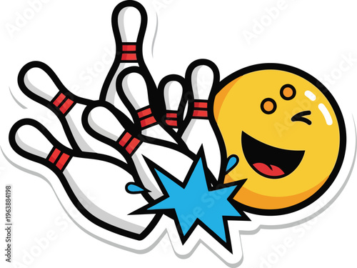 A cheerful yellow bowling ball emoji successfully knocking down multiple pins in a strike