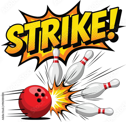 Comic book style illustration of a red bowling ball hitting pins with a strike text.