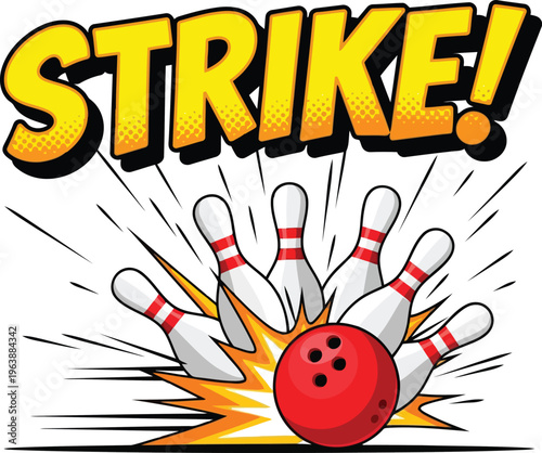 Comic book style illustration of a red bowling ball hitting pins with strike text