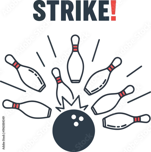 Illustration of a successful bowling strike with a black ball knocking down all the pins.