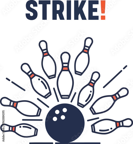Bowling strike illustration with a dark blue ball hitting white pins on a white background.